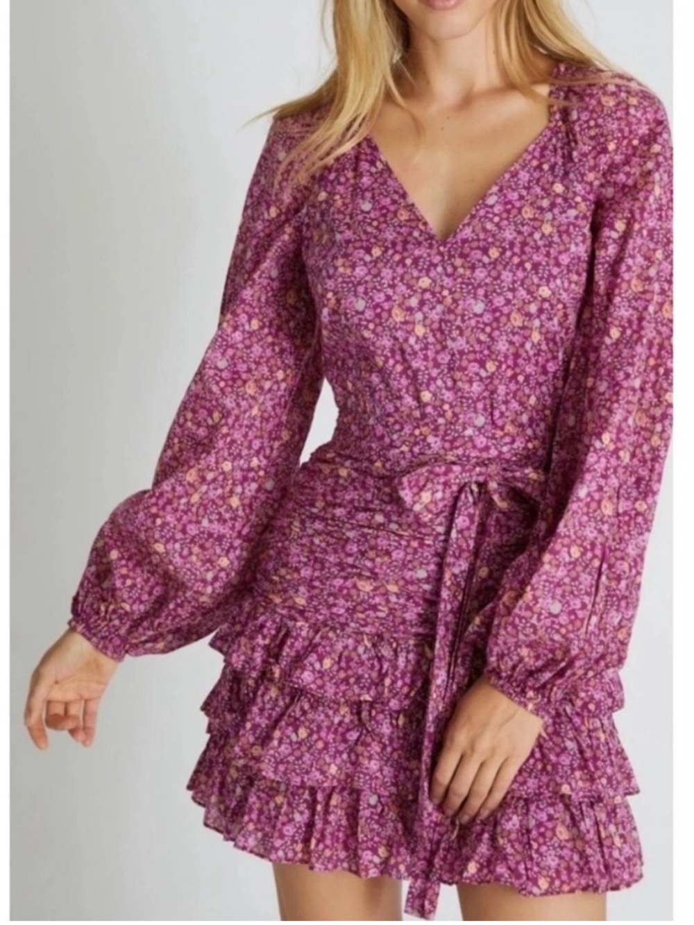 LoveShackFancy Rina Mini Floral Dress Ruffle Puff Sleeve Pleated Waist Size 6